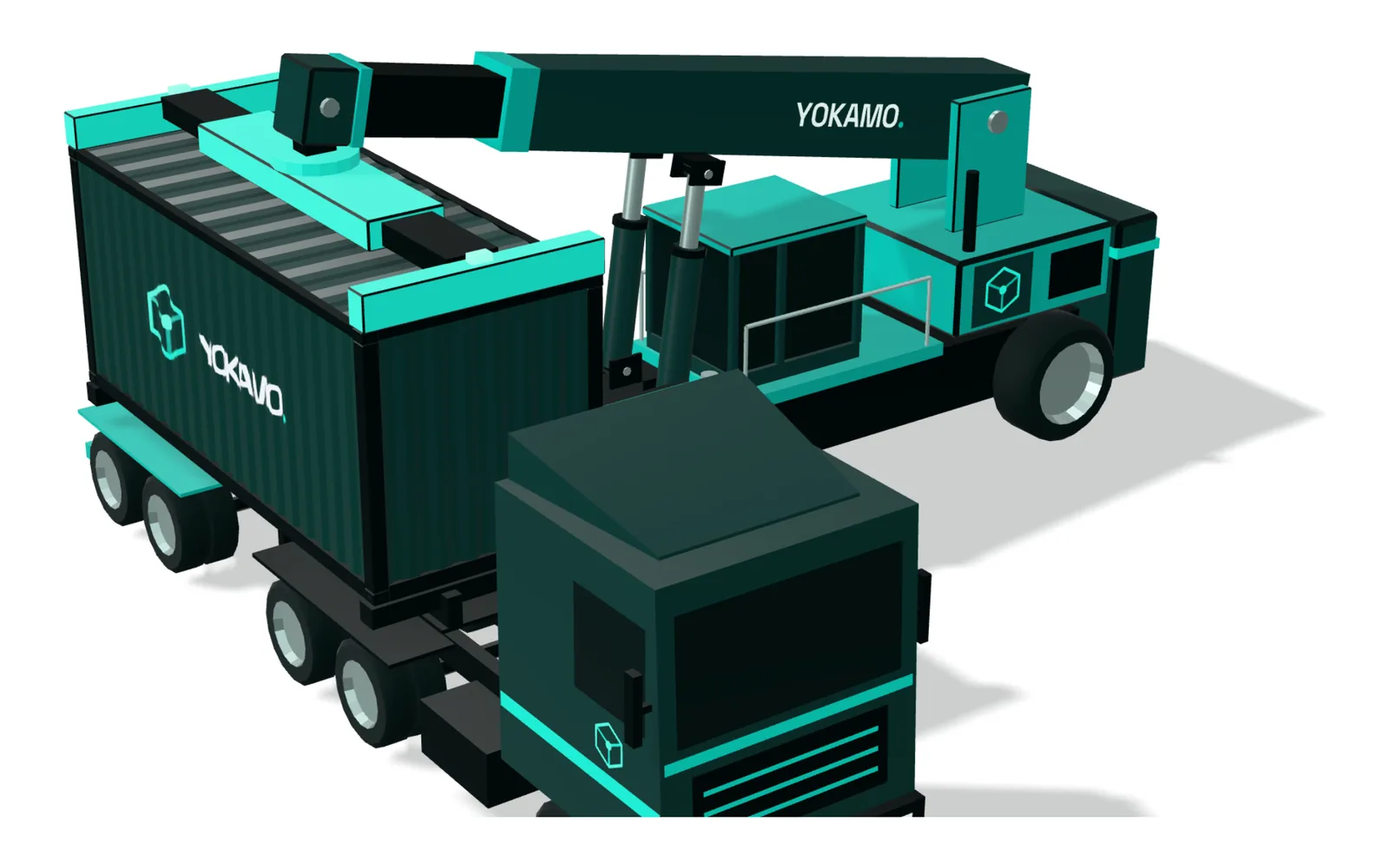 A teal reach stacker setting a dark YOKAMO container down on a truck's chassis