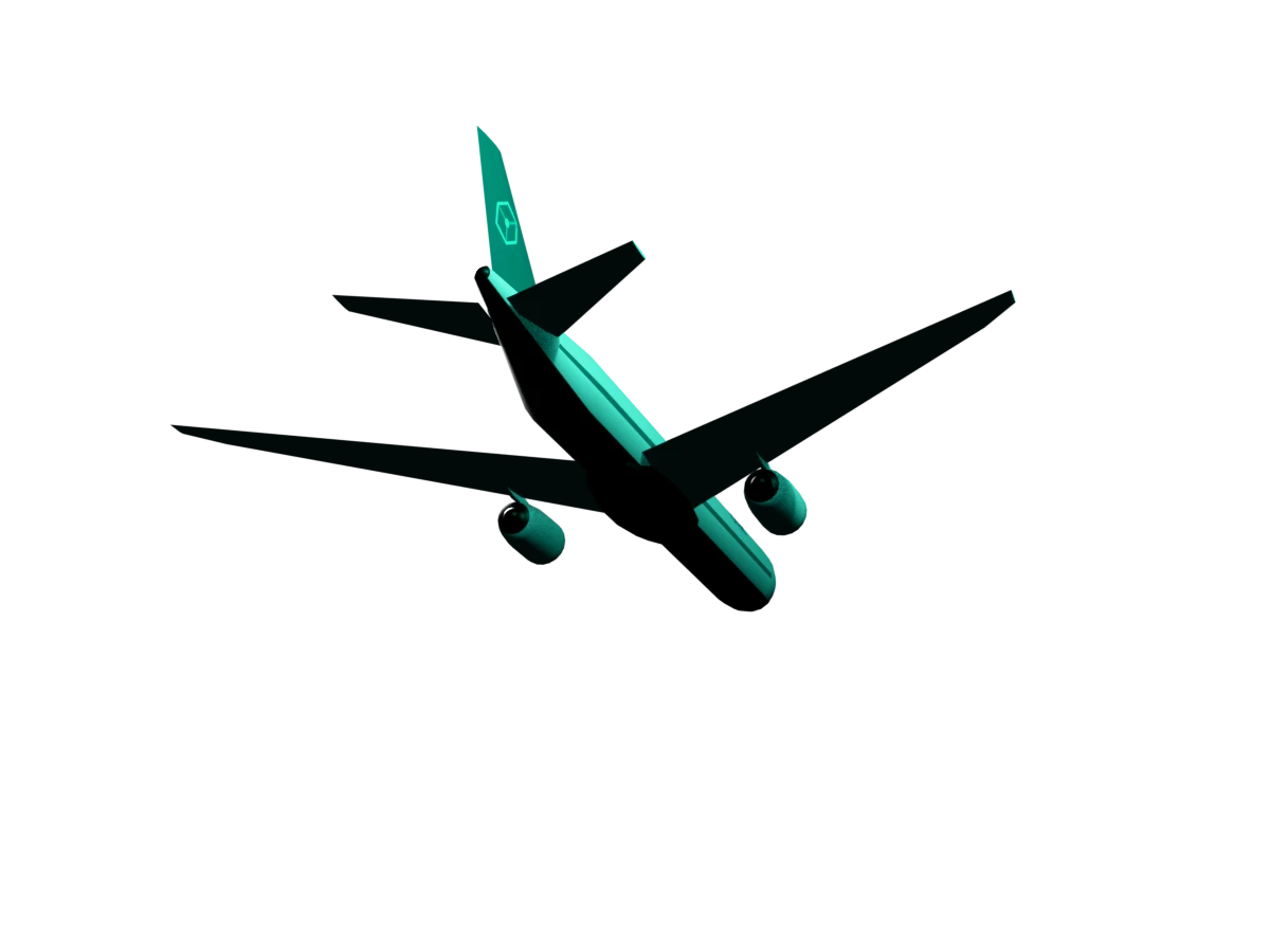 A twin-engine freighter with a teal tail, seen from below