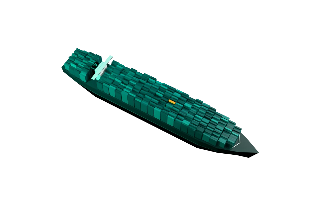 A container ship stacked with teal containers and one amber container marked as live